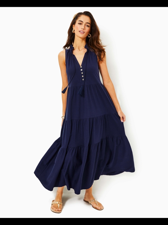 Lilly Pulitzer Dresses & Skirts - Lilly Pulitzer Navy Sleeveless Tiered Maxi Dress with Button V-Neck